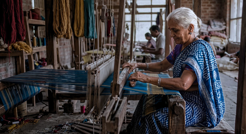 A senior handloom weaver at work, with another weaver in the background of the workshop