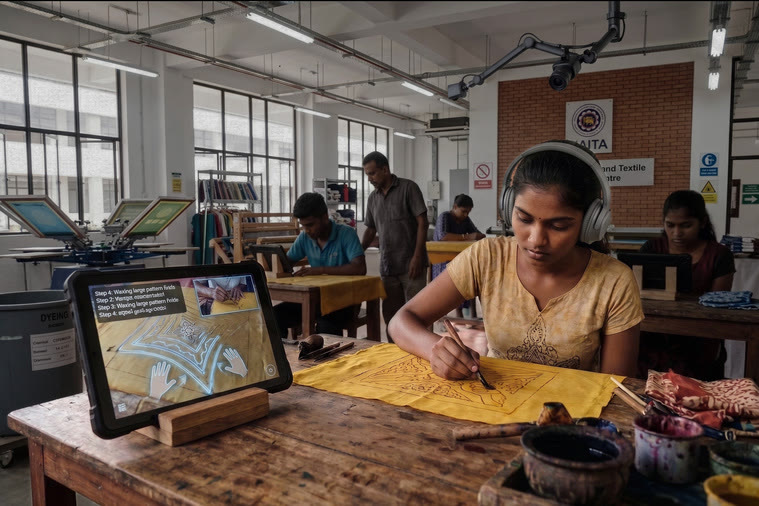 A trainee at a NAITA workstation following step-by-step instructions on a tablet while batik-painting fabric